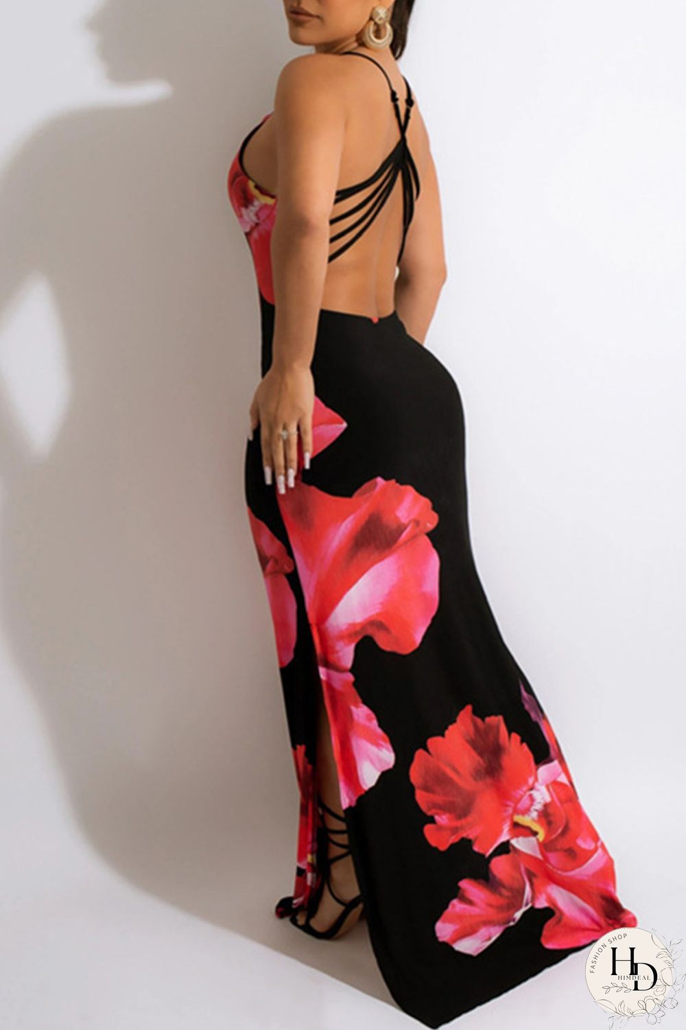 Black Fashion Sexy Print Backless Slit Spaghetti Strap Long Dress