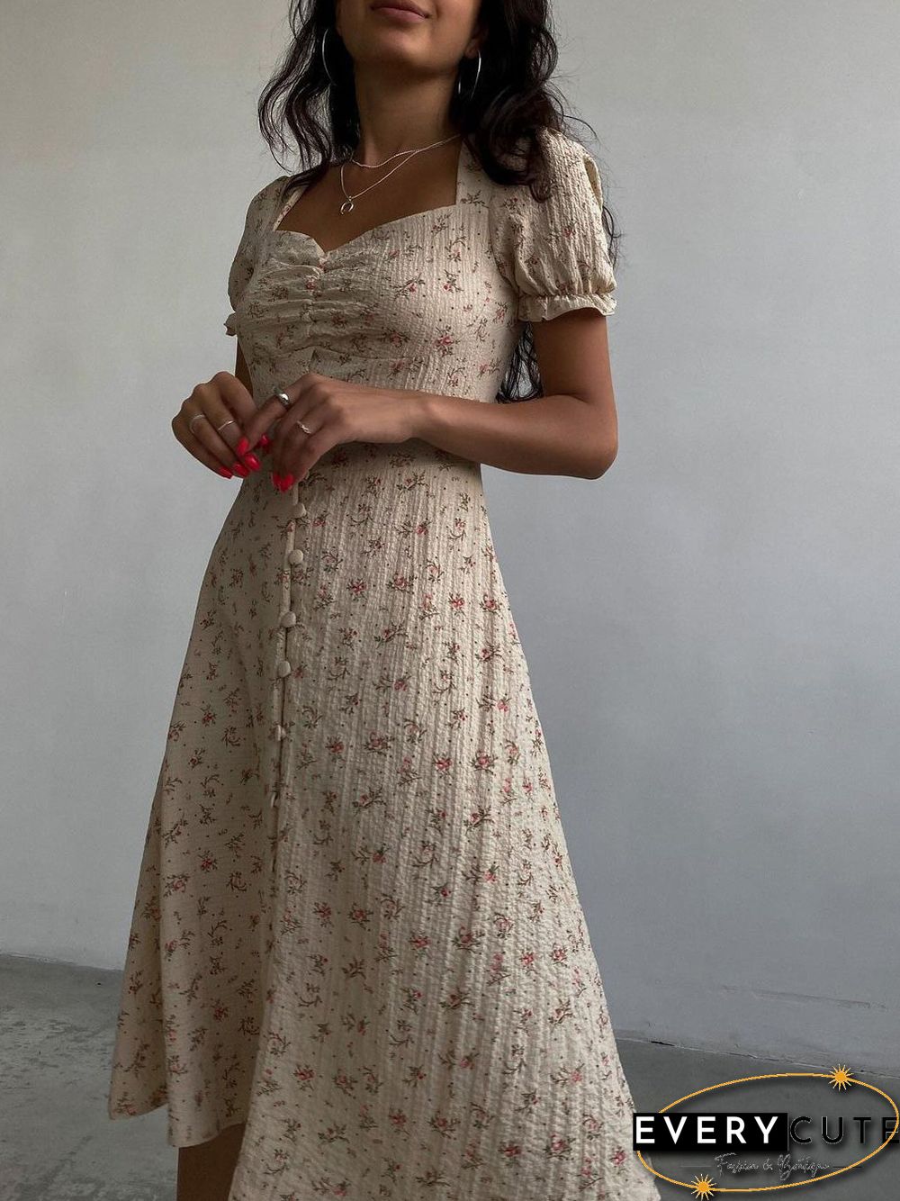 Women'S Dresses Floral Square Neck Button Short Sleeve Dress