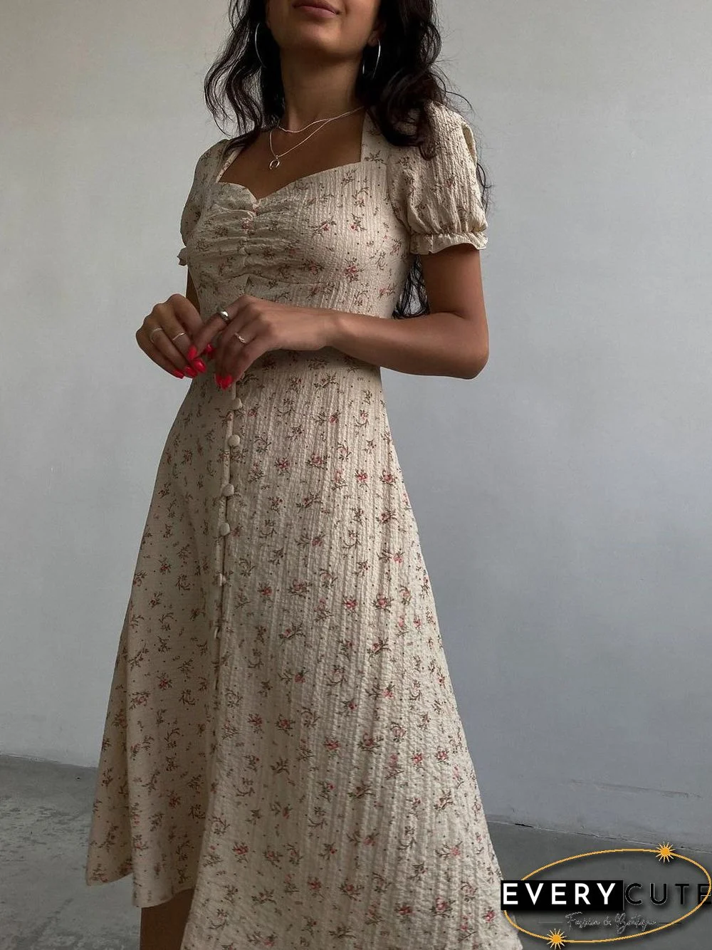 Women'S Dresses Floral Square Neck Button Short Sleeve Dress