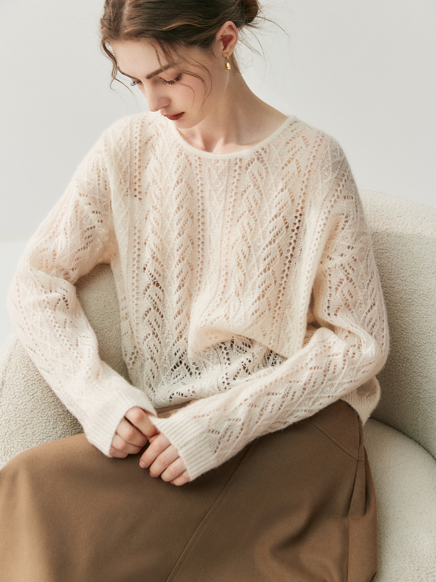 Women's Lightweight Lace-Knit Crewneck Cashmere Sweater Causal Wear REAL SILK LIFE
