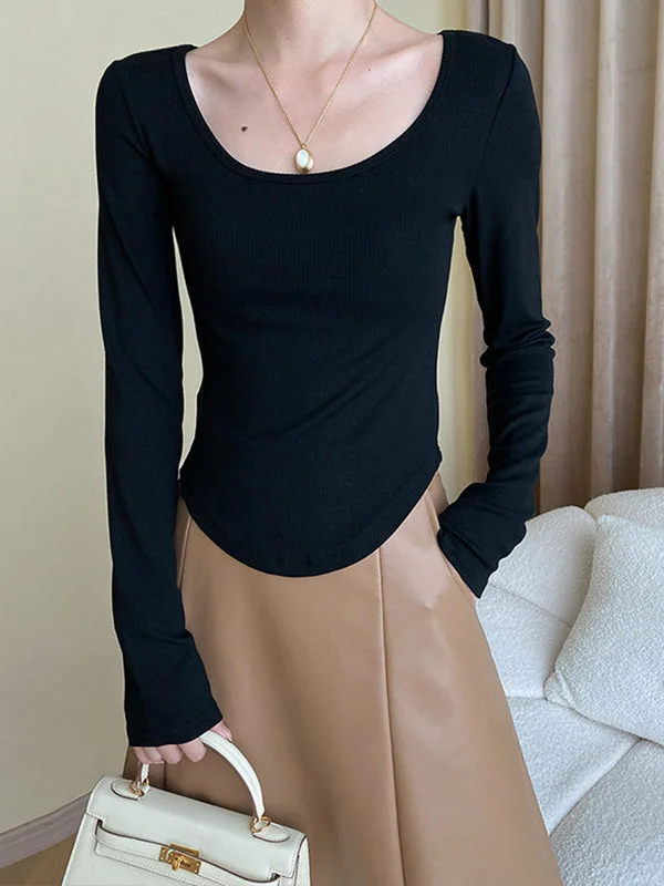 Solid Color Long Sleeves Skinny U-Neck T-Shirts Tops