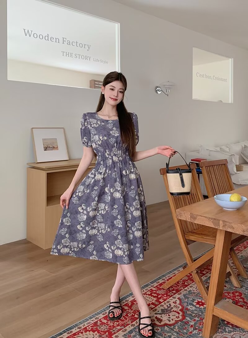 Roigam graduation dresses for womens Summer Gentle Flower Printing Dress Lady Elegant Korean Purple Long Dress Female Soft Dress On sale Clearance Free Shipping