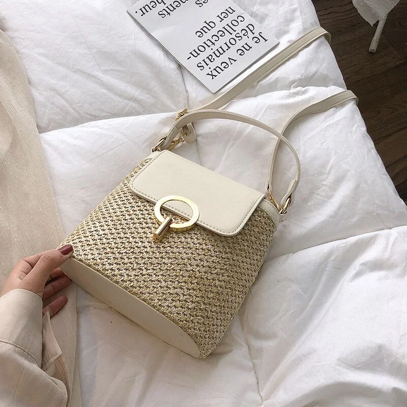 Small Straw Bucket Bags For Women 2021 Summer Crossbody Bags Lady Travel Purses And Handbags Female Shoulder Simple Bag
