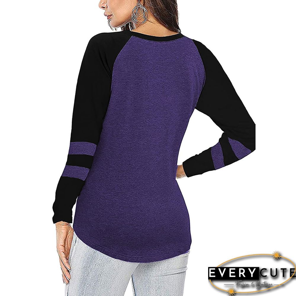 Purple Color Contrast With 2 Lines Long Sleeve Tops