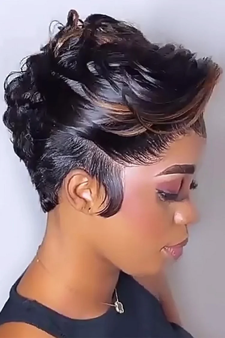 Daily Black Gradient Highlighted Curly Tilted Frisette Short Wigs 2024 - Xpluswear