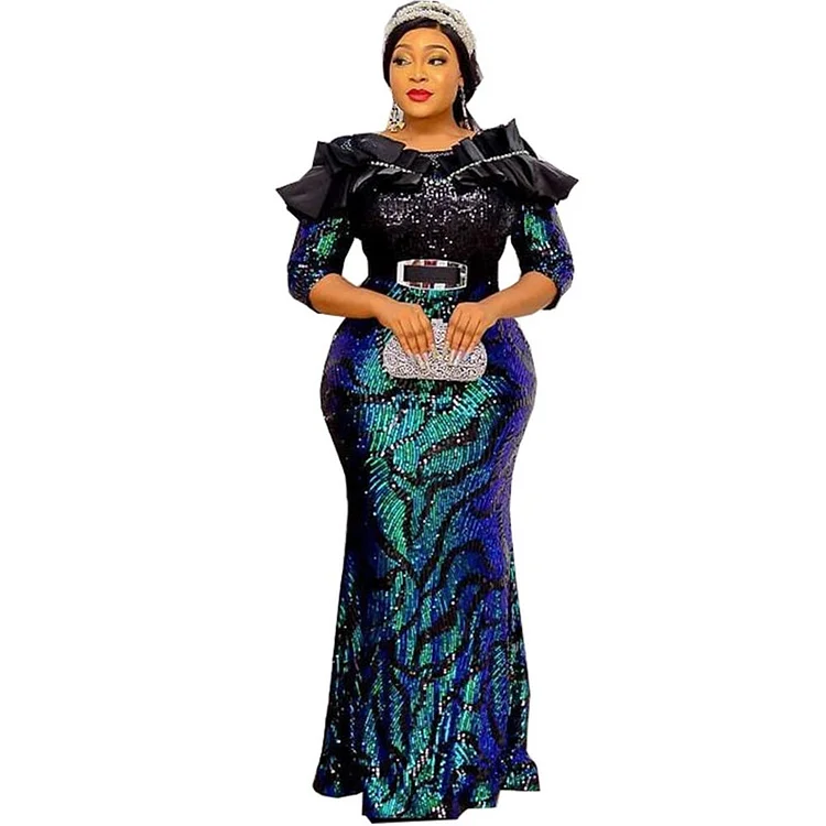 QueenFunky African Americans fashion QFY Plus Size Sequin Mermaid Dress ...