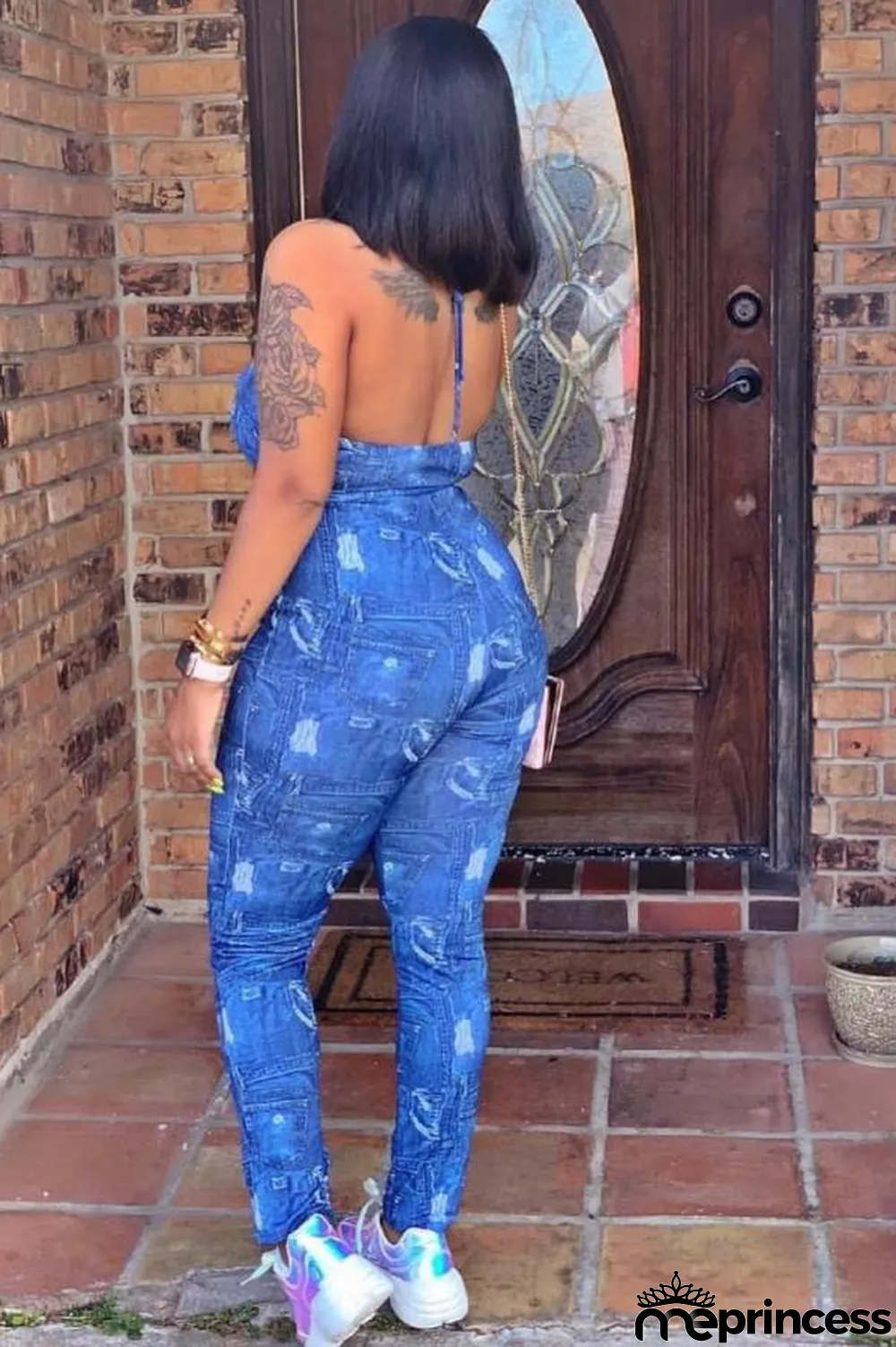 Blue Sexy Fashion Print Backless Patchwork Polyester Sleeveless O Neck Jumpsuits