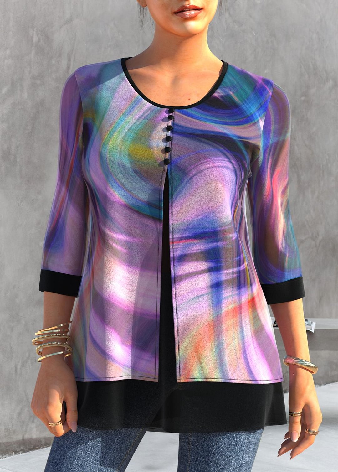 Rainbow Color Decorative Button Round Neck T Shirt