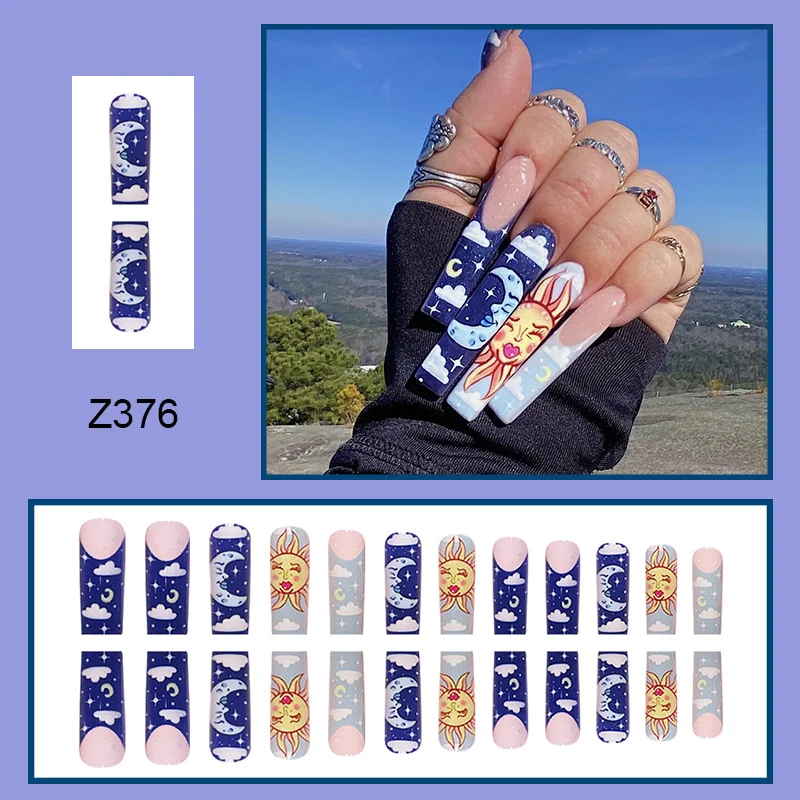 Churchf Ballet Nail Blue Sun Moon French Fake Nails Light Pink Fairy Ins Wind Nail Piece Removable