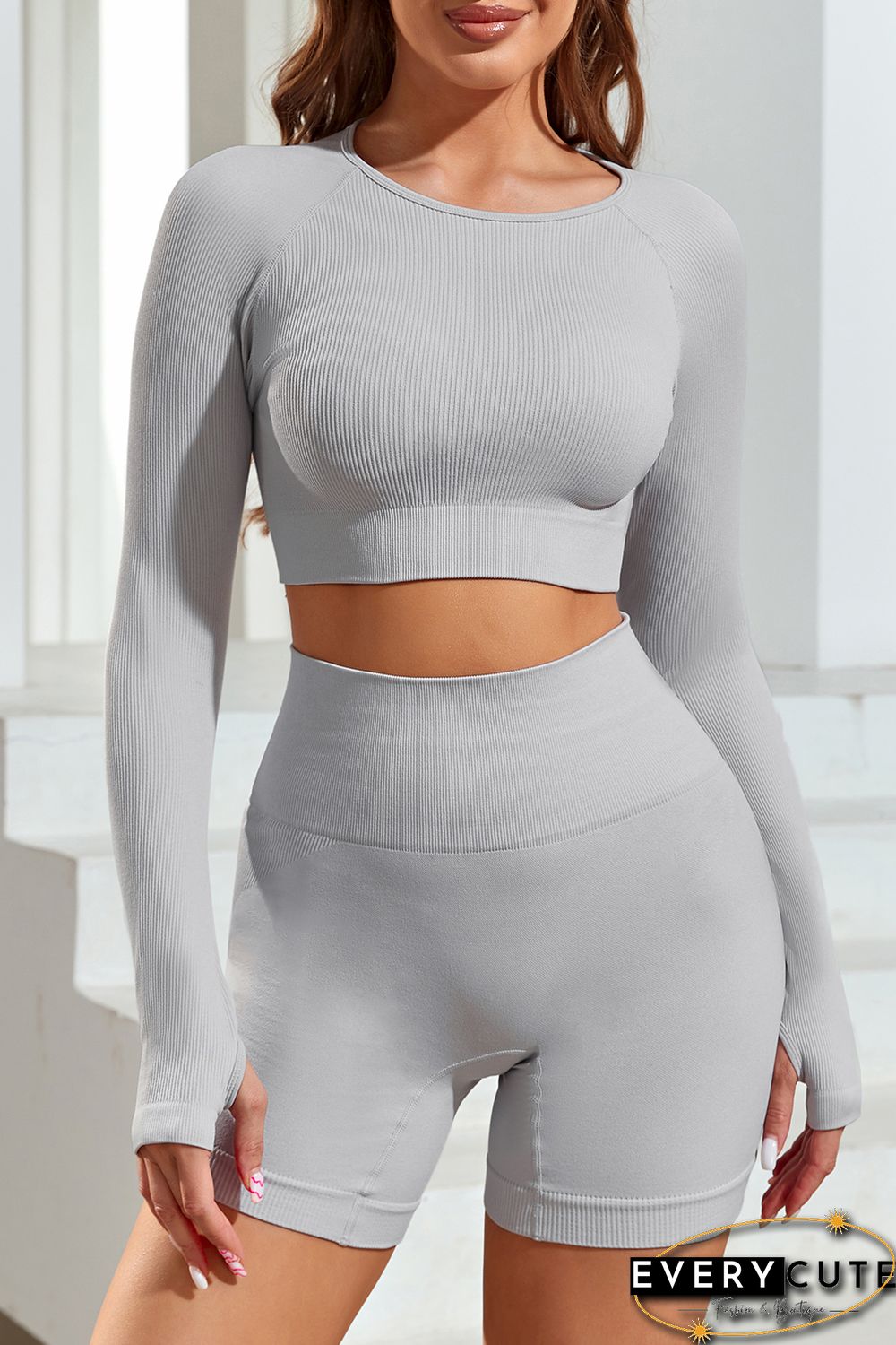 Gray Long Sleeve Seamless Crop Smoke