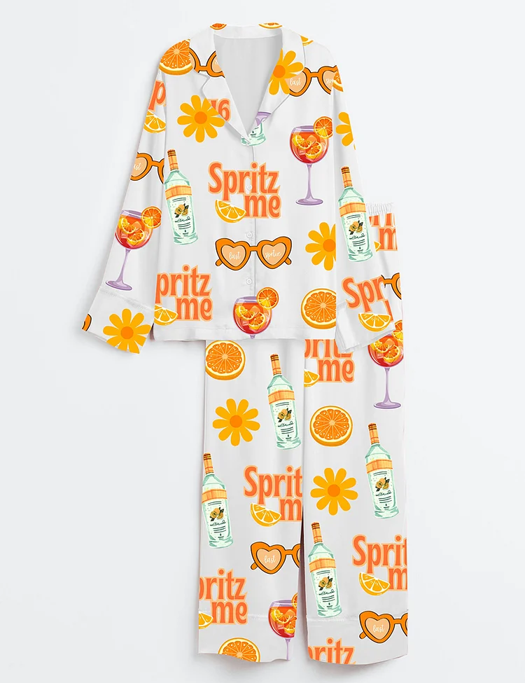 Women&rsquo;s Last Spritz As A Miss Aperol Spritz Bachelorette Spritz Me Orange Party Print Long Sleeve Satin Pajama Set