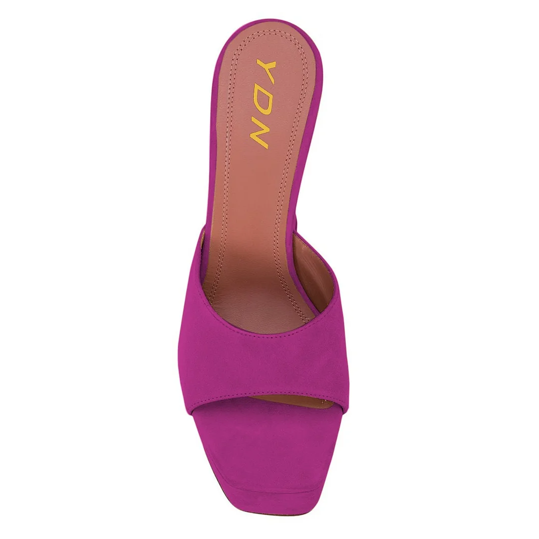 Wide Strap Square Toe Purple Platform Flared High Heeled Mules