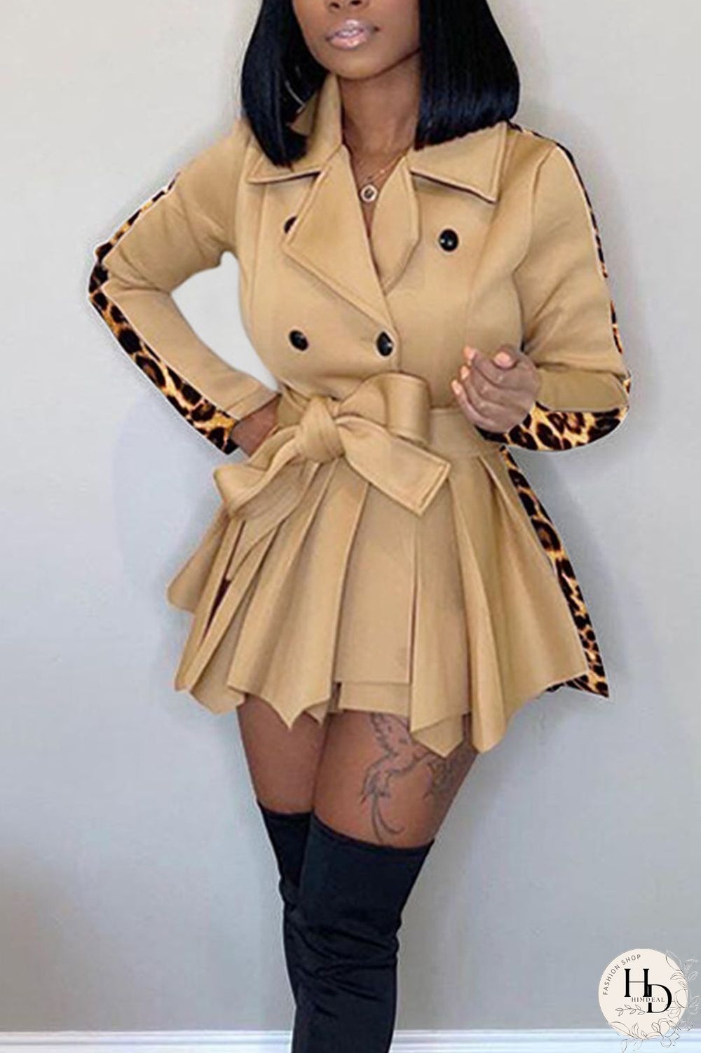 Black Fashion Leopard Camouflage Print Split Joint POLO collar Asymmetrical Dresses