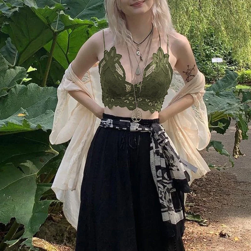 Rapcopter y2k Lace Crop Top Backless Grunge Fairycore V Neck Corset Camis Vintage Solid Cute Party Beach Sweats Women Chic Vests