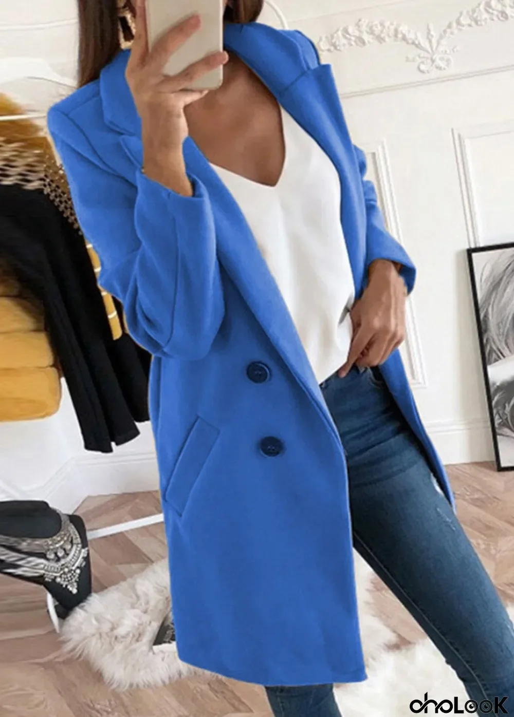 Winter Blue Turndown Collar Slim Long Jacket Coat with Pocket