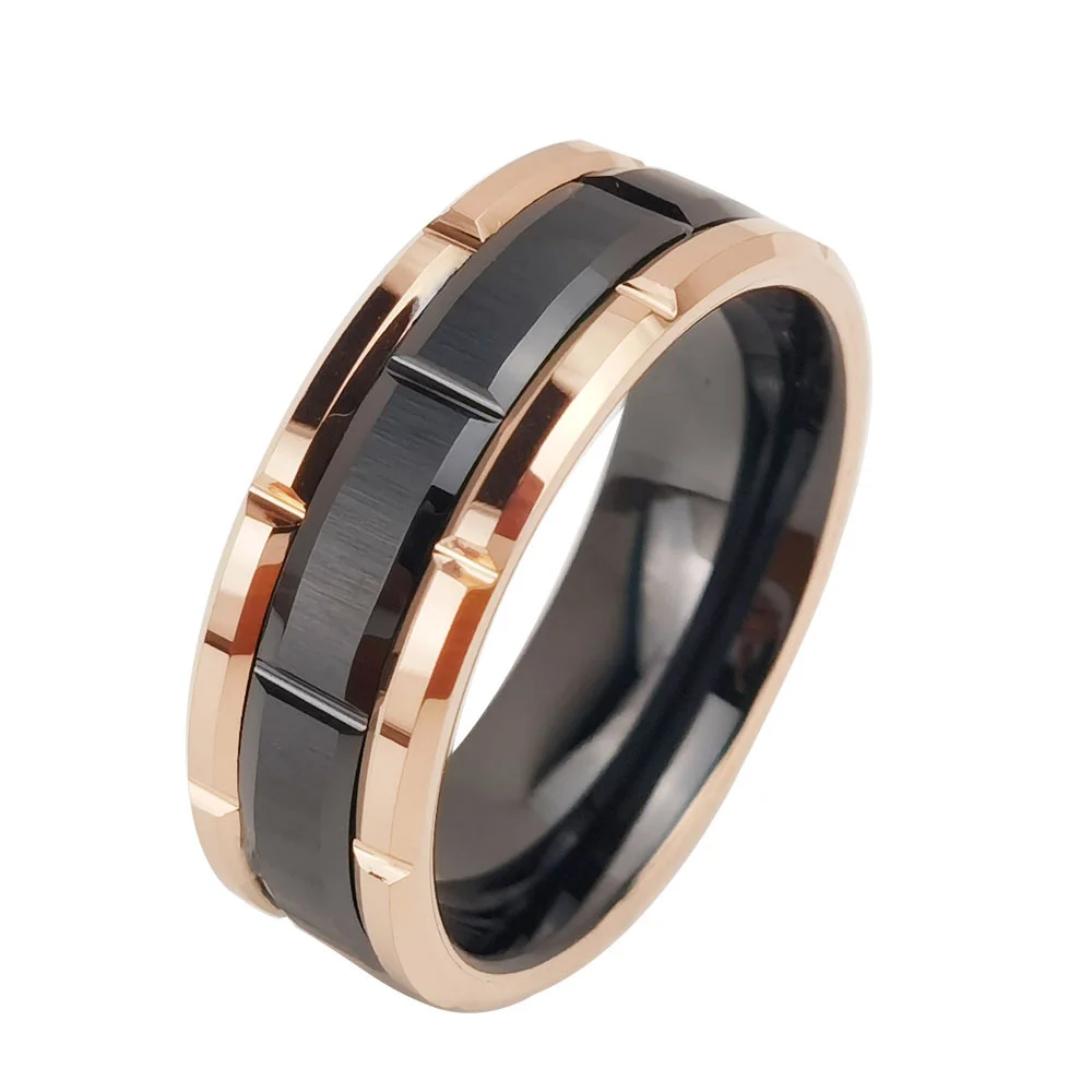 8MM Women's Or Men's Tungsten Carbide Wedding Rings Duo Tone Black and Rose Gold Brick Pattern Comfort Grooved Fit