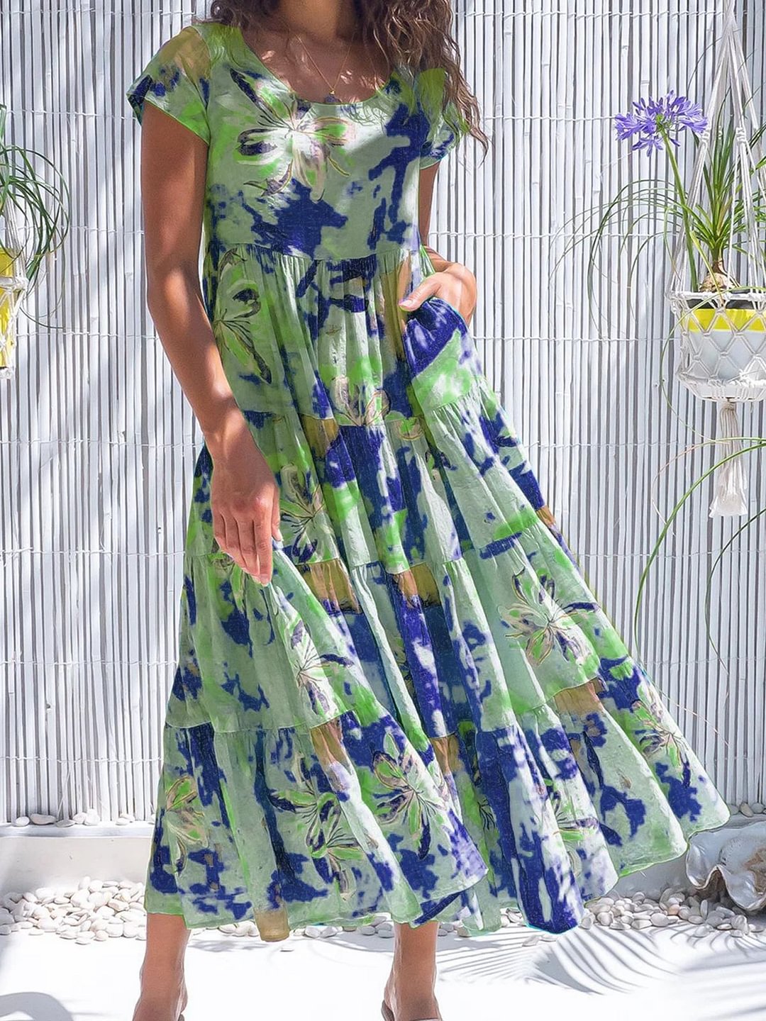 Summer 2021 Women Blue Tie-Dye Print Casual Dress Large Wing Stitching Beach Long Dresses