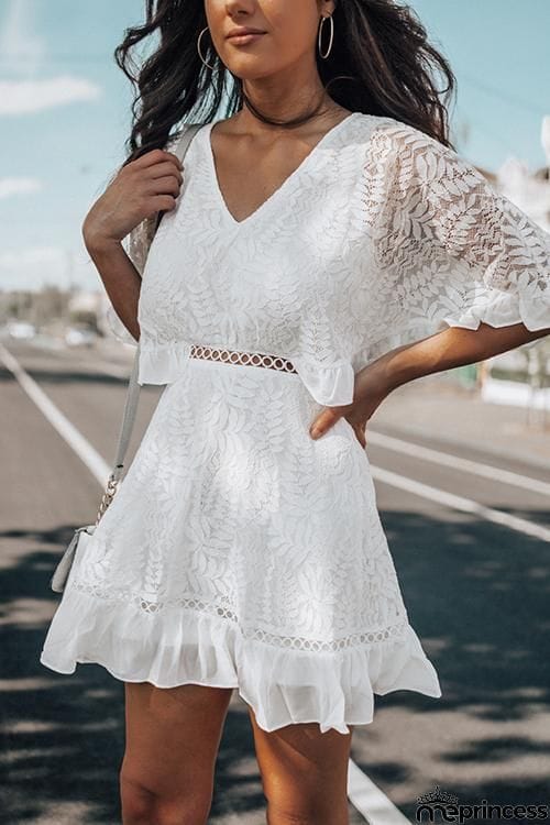 V Neck Lace Mini Dress