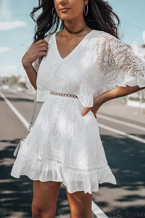 V Neck Lace Mini Dress