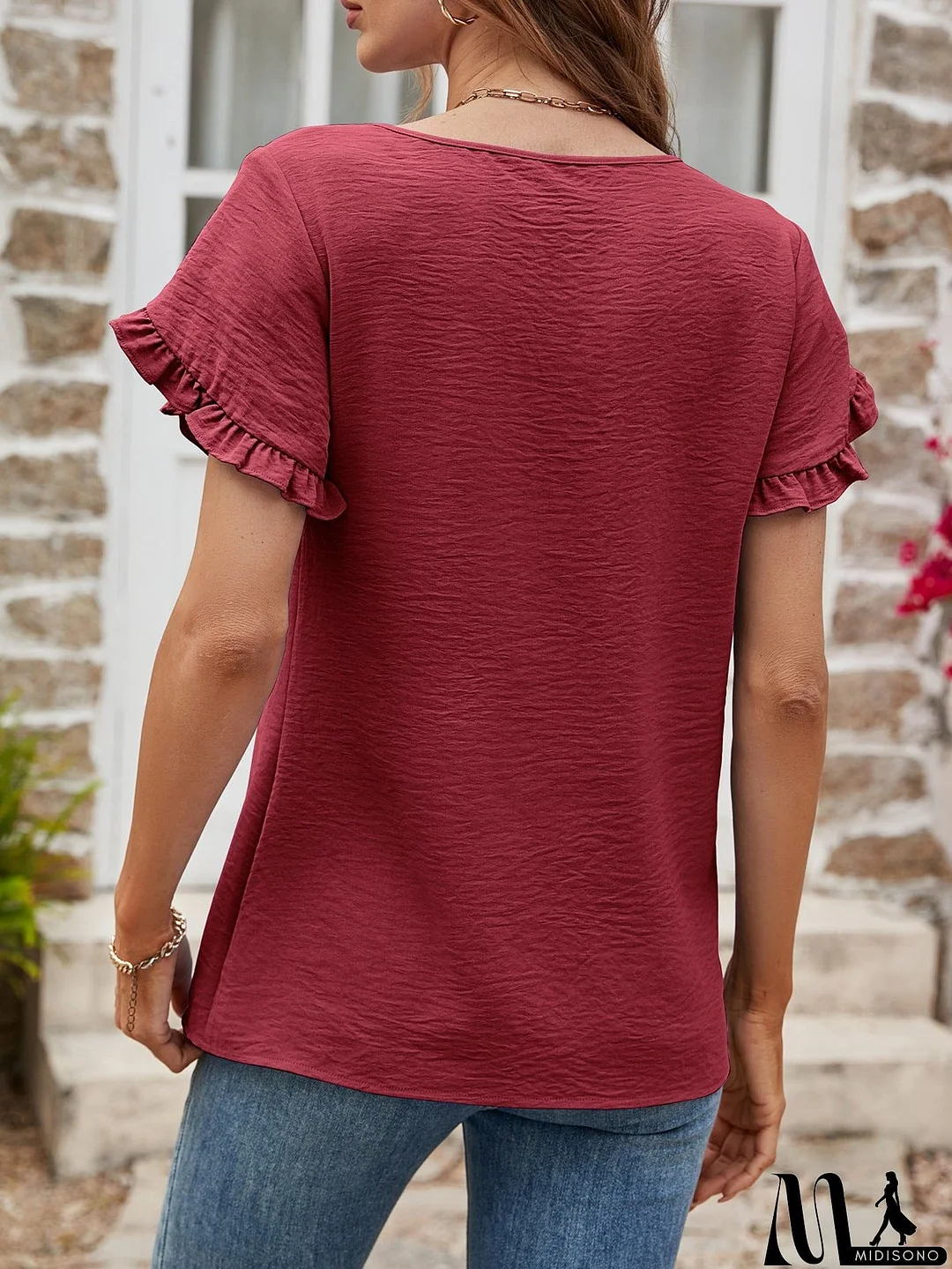 MidiSono - Textured Petal Sleeve Round Neck Tee