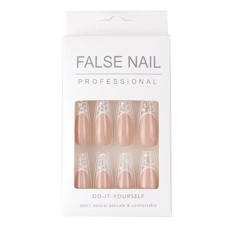 24Pcs/Box Heart Long Coffin False Nails Designs Ballerina White Love Pattern Fake Nails Full Cover Nail Tips Press on Nails