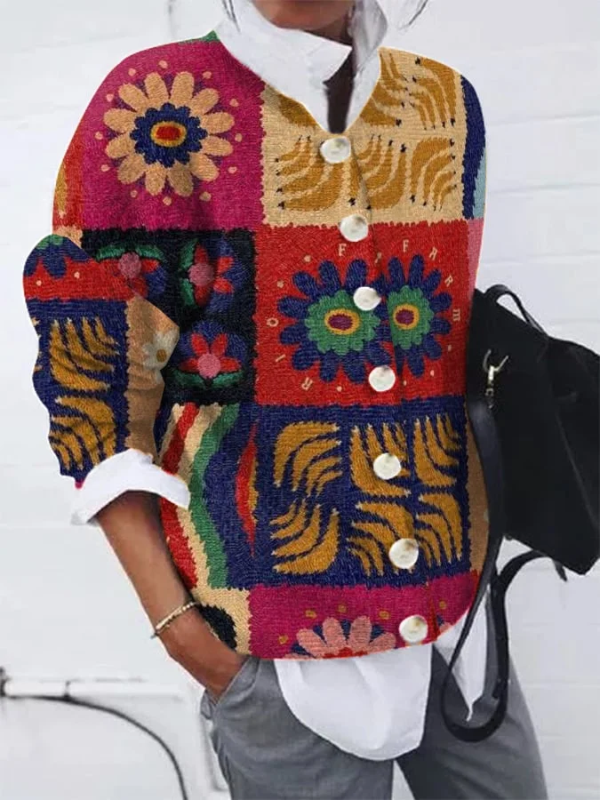 Women's Vintage Printed Plush Cardigan