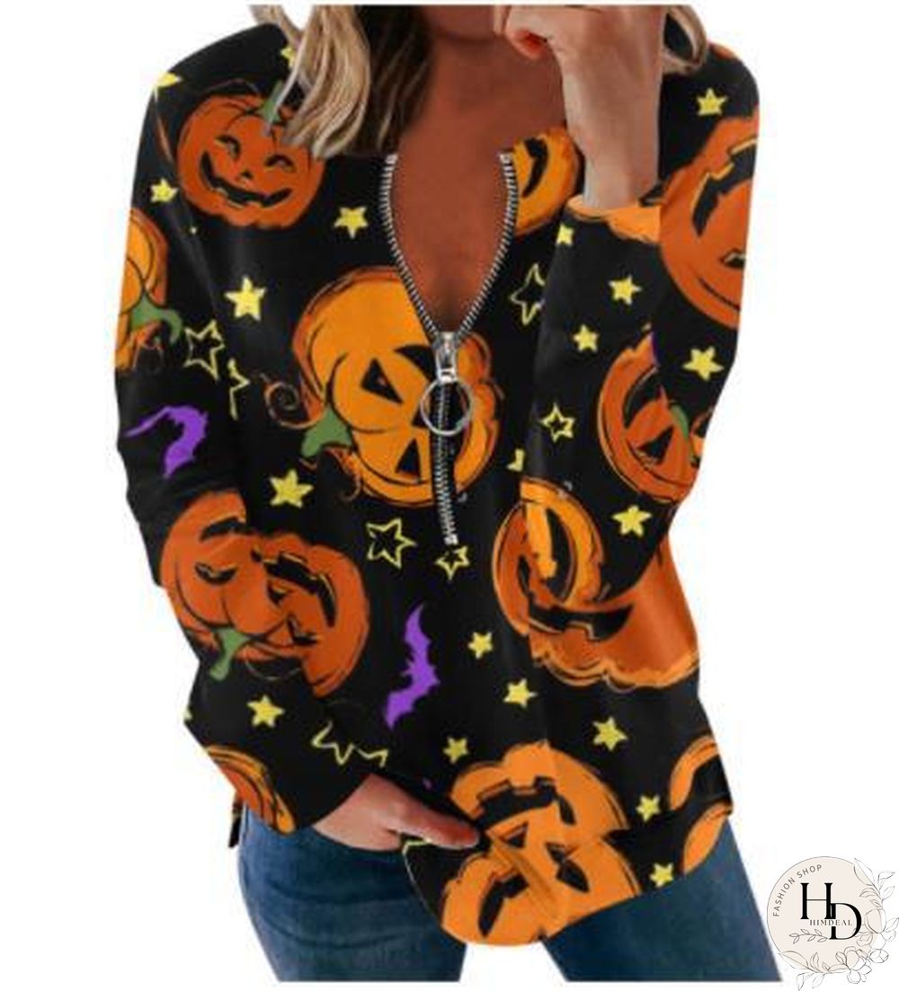 Women Halloween Long Sleeve Sweatshirts Pumpkin Ghost Printed Loose Tops Round-neck Tee