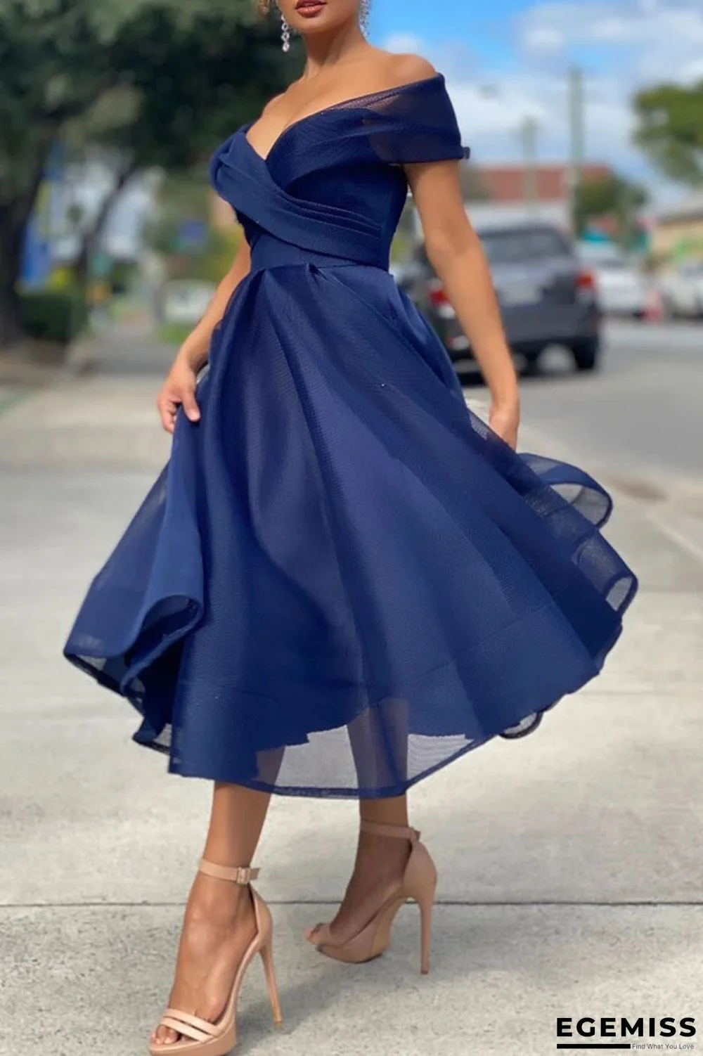 Blue Fashion Elegant Solid Patchwork V Neck Princess Dresses | EGEMISS