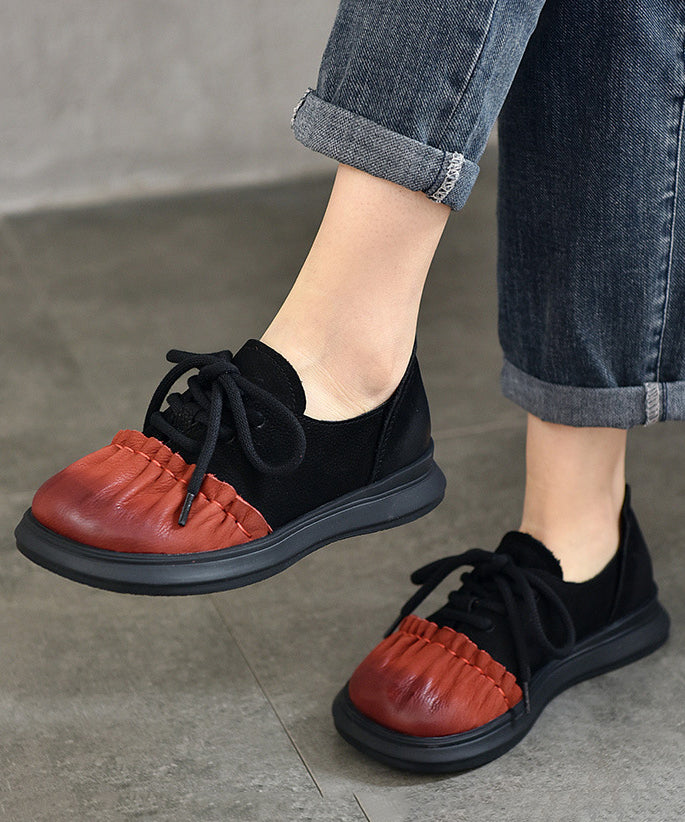 VCSHOES Red Lace Up Splicing Cowhide Leather Flats Shoes