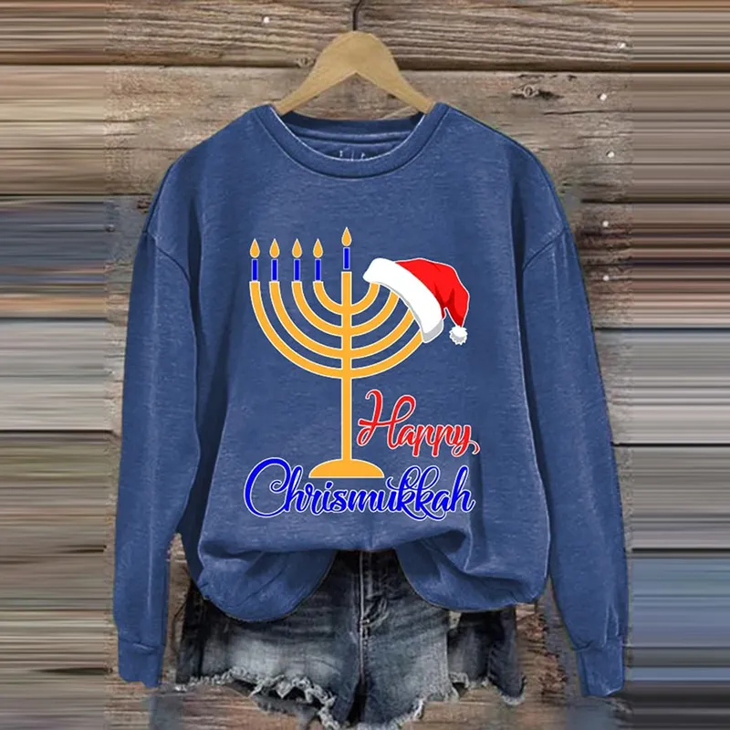Women's Hanukkah Christmas Menorah Print Crew Neck Sweatshirt