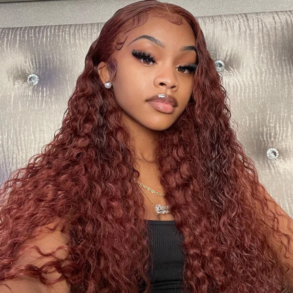 Reddish Brown Color Water Wave Auburn Hair 13x4 Transparent Lace Front Wig [CW1058]