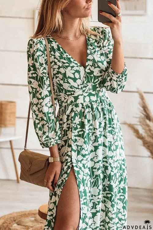 Print Seven Sleeve Slit Wrap Maxi Dress