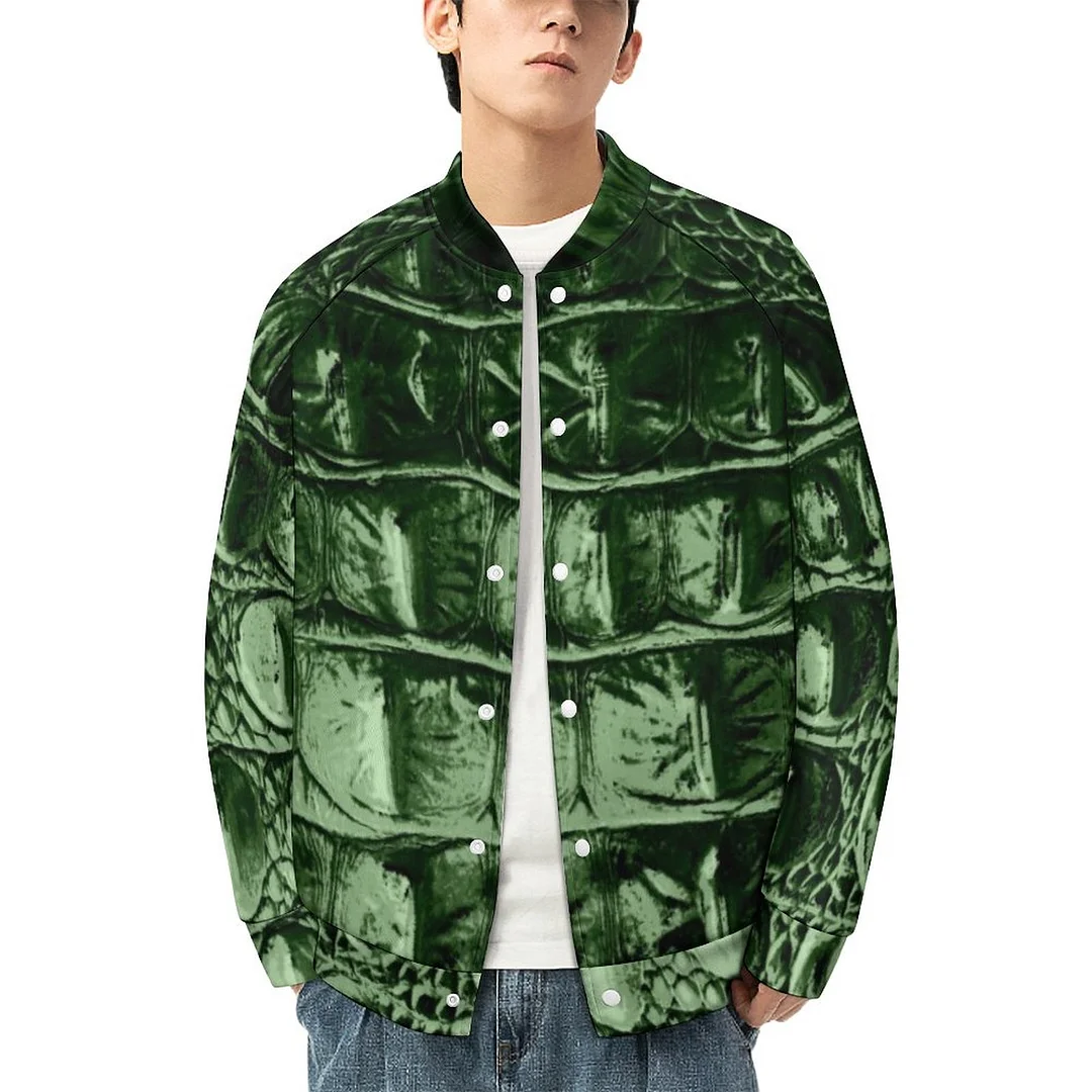 Vintage Hornback Alligator Leather Pine Green Women Single Breasted Bomber Jacket Men Stand Collar Varsity Coat Outfit