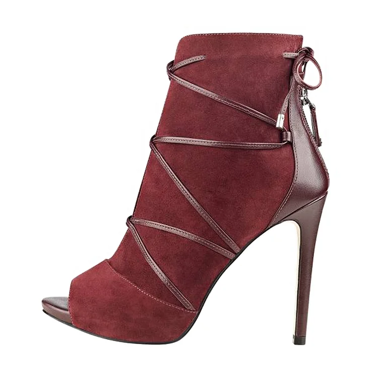 Suede Ankle Booties with Peep Toe and Strappy in Maroon Stiletto Boots by VDCOO Vdcoo