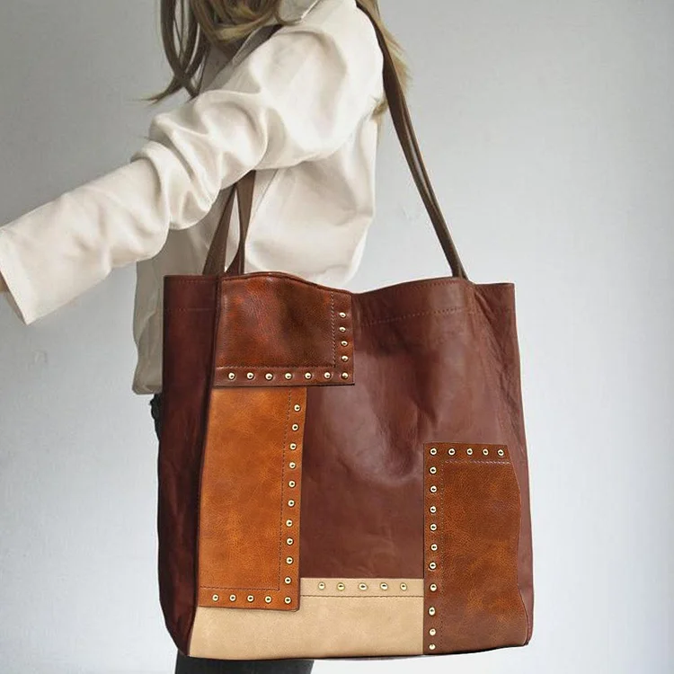 Vintage rivet contrast stitched Tote women's bag shoulder bag