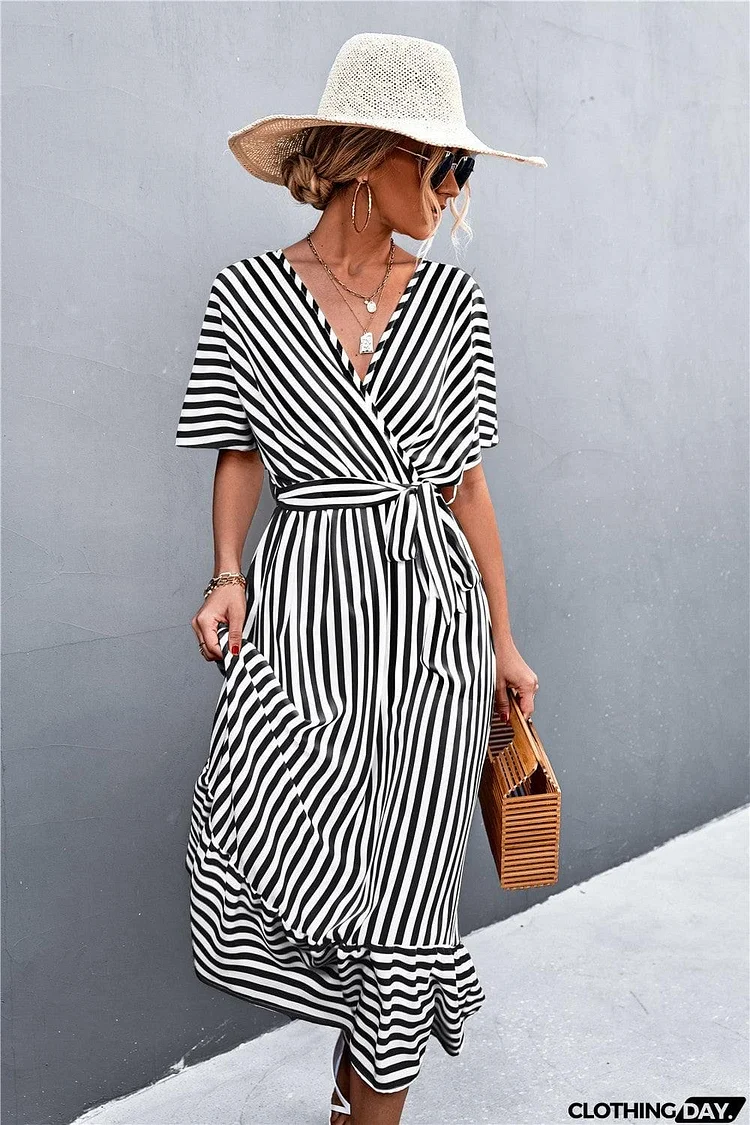 Striped Tie Belt Midi Dress