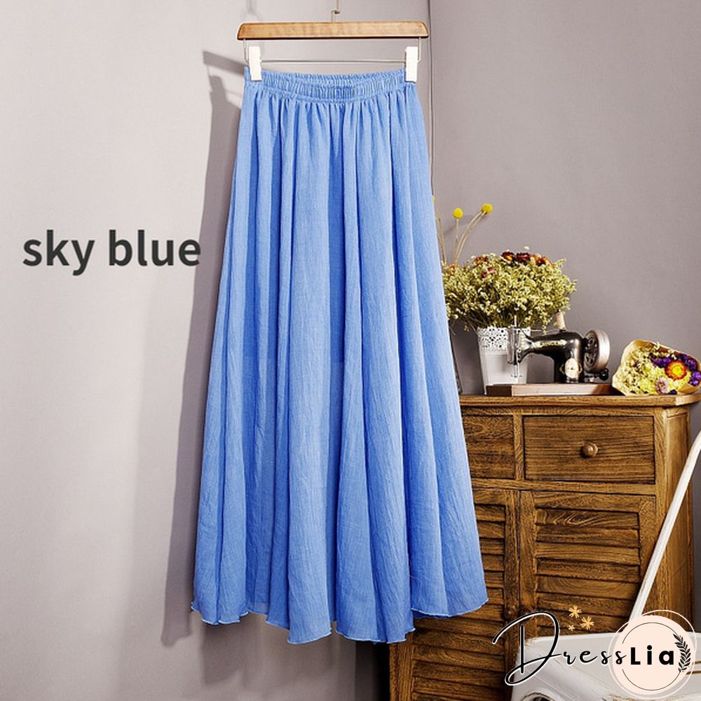 Women Cotton Linen Pleated Maxi Skirt Elastic Waist Vintage Solid Color Boho Beach Spring Summer Pleated Maxi Skirt