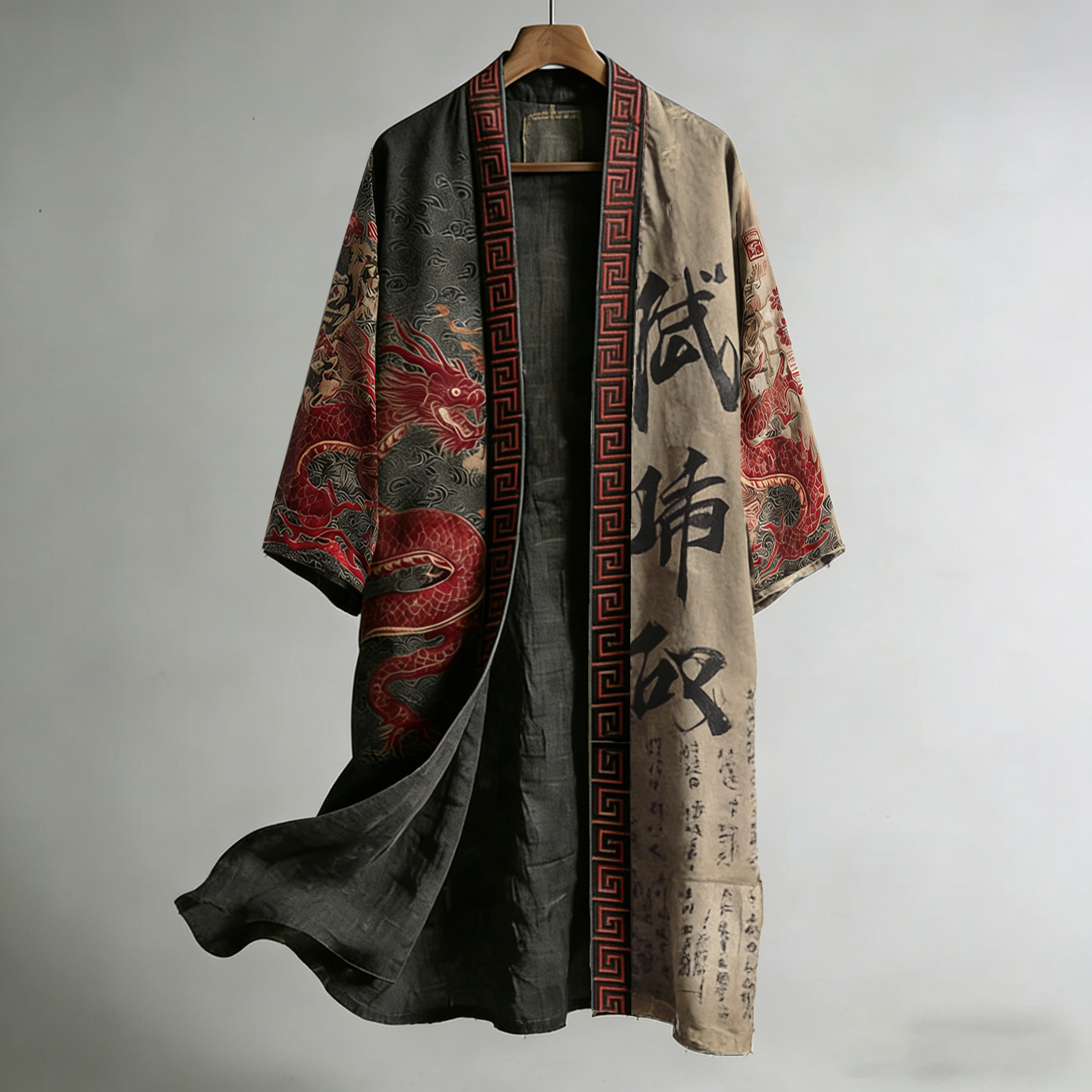 Retro Calligraphy And Dragon Pattern Linen Long Kimono  artssus