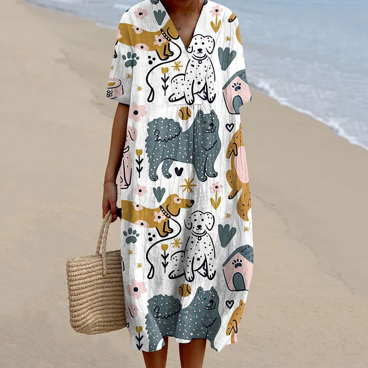 Utbros Art Dog Print V-Neck Casual Midi Dress