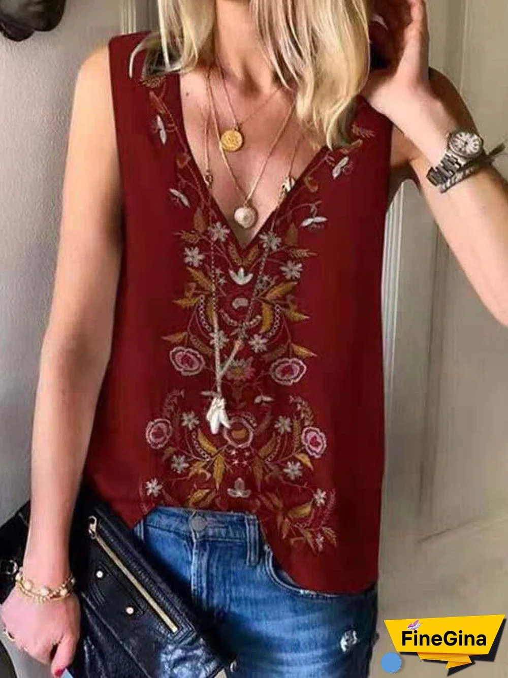 Women's Sleeveless V-neck Floral Printed Tops T-shirts
