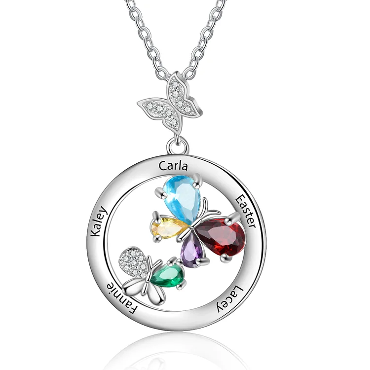 Butterfly Pendant Necklace Custom 5 Birthstones and Names for Her