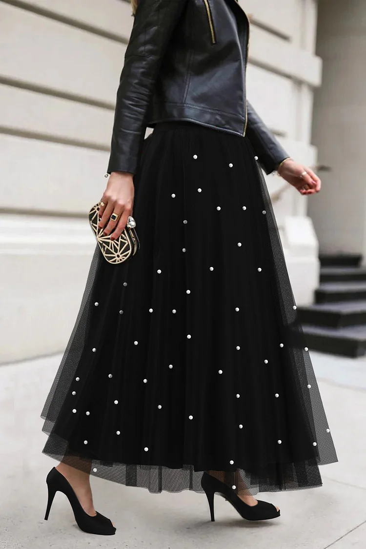 Plus Size Daily Skirt Black Pearl Mesh Tulle Skirt