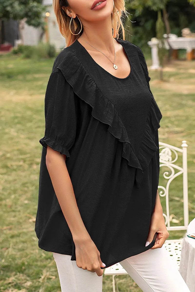 Elegant Solid Split Joint Flounce O Neck T-Shirts