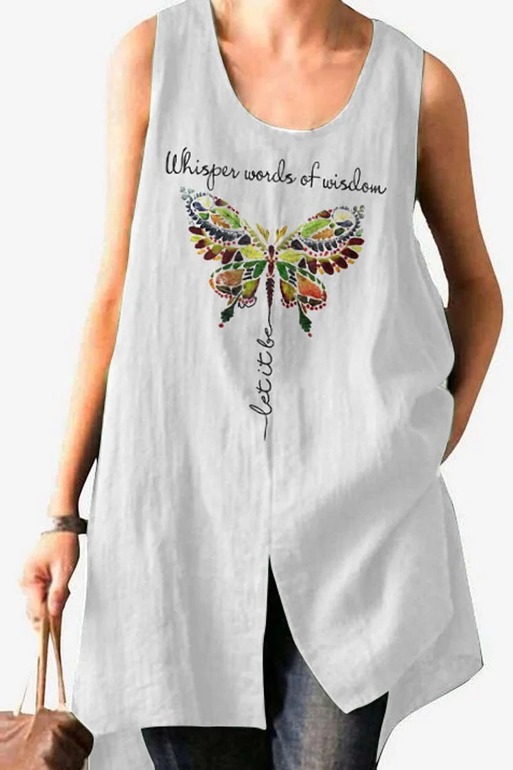 Butterfly Alphabet Round Neck Sleeveless Slit White Top