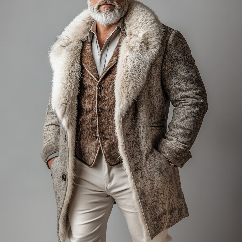 Men's Retro Plush Shawl Lapel Two Button Pocket Coat