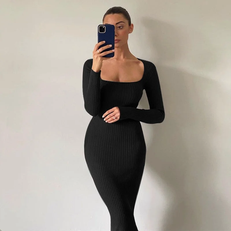 WannaThis Long Sleeve Ankle-Length Dress For Woman Square Collar Knit Long Dress Women Sexy Elegant Causal Solid Maxi Dresses