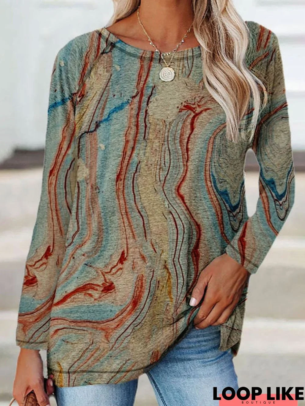 Long Sleeve Printed Round Neck Tunic T-Shirt