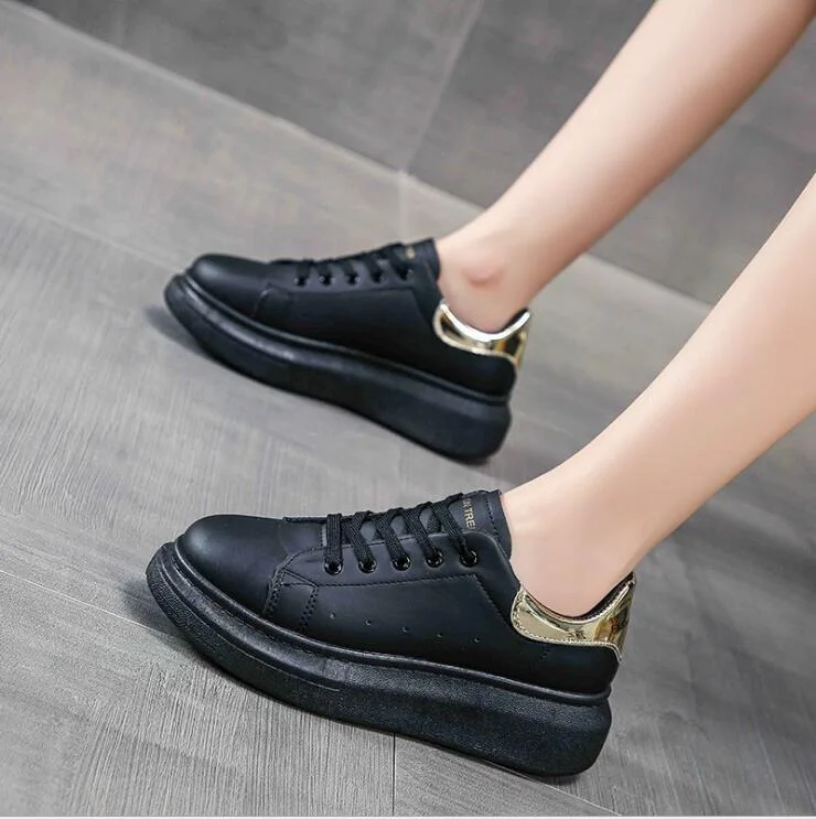 Women Casual Platform Lace Up Shoes Women's Walking Casual Sneakers Spring Autumn Sport PU Leather Black White Shoes Chunky Flat