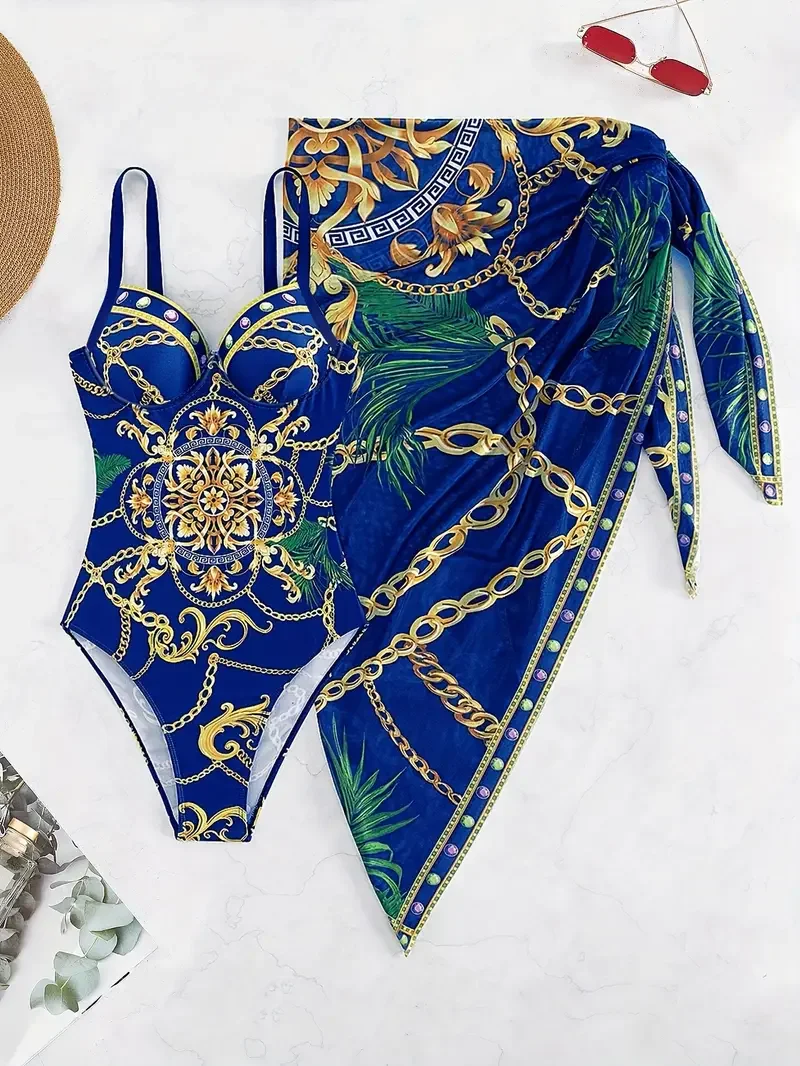 chain print baroque floral sweetheart neckline elegant 2 piece swimsuits spaghetti strap vintage   bathing suit cover up skirt womens swimwear clothing for holiday details 1