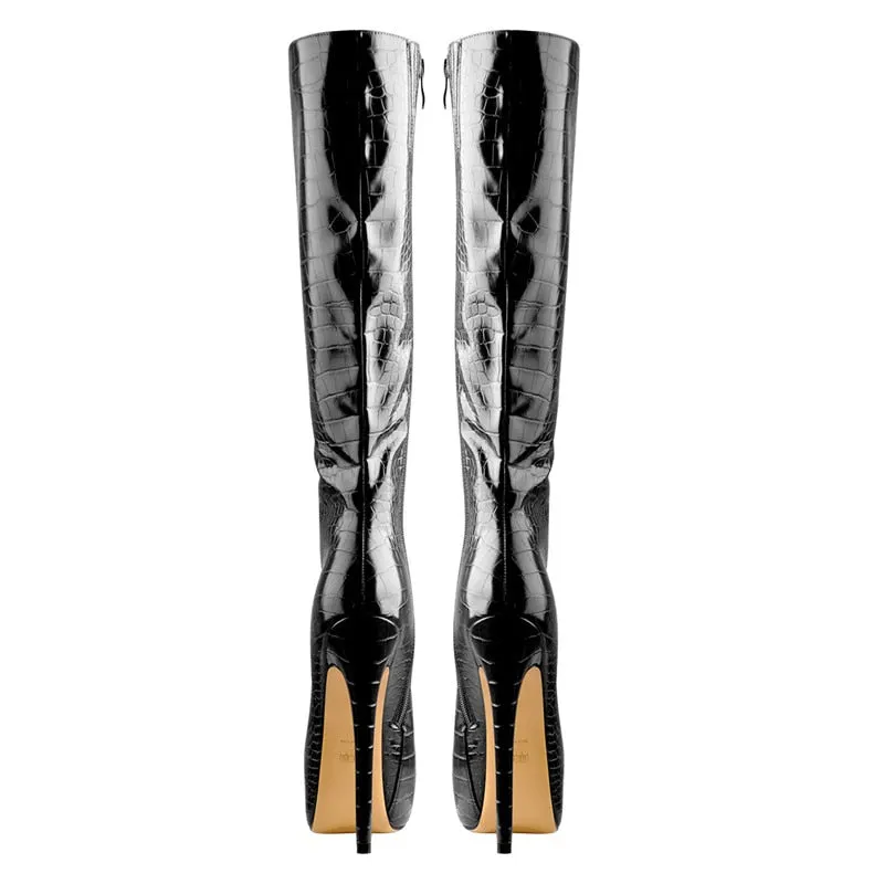 Onlymaker Women's Crocodile Platform Zipper Knee High Boots16CM High Heel Pointed Toe Pattern Boots for Winter